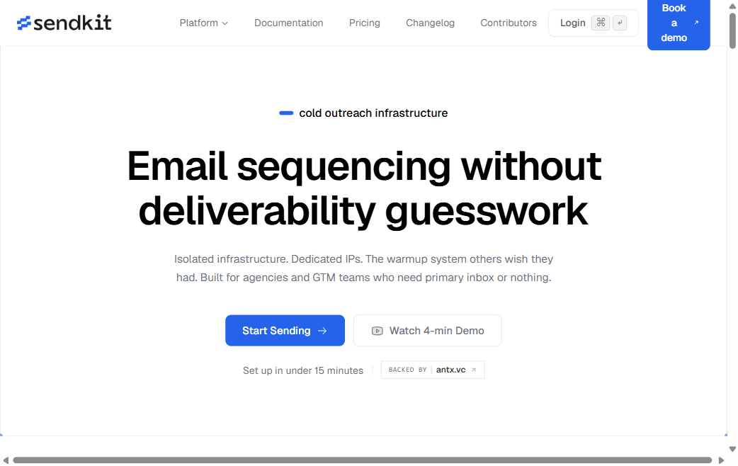 SendKit homepage advertising cold email infrastructure with dedicated IPs, isolated environments, and AI-powered warmup for agencies and GTM teams